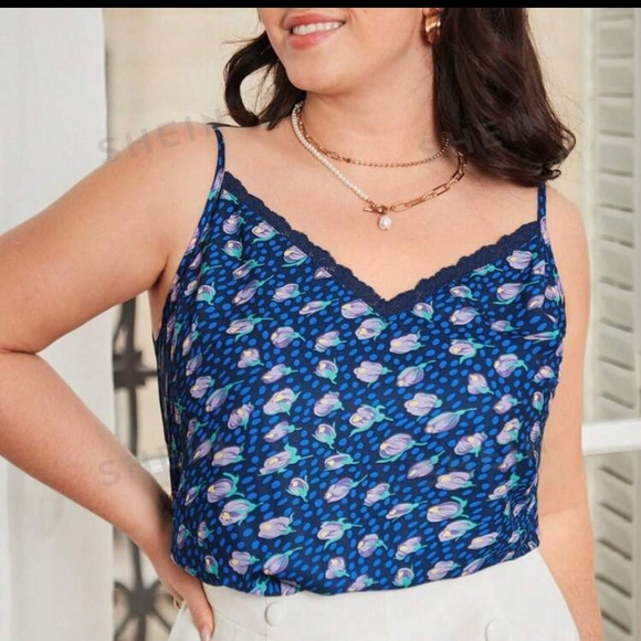 Plus Size Lace & Floral French Style Tank Top Vibrant Blue Green Purple - Picture 5 of 16